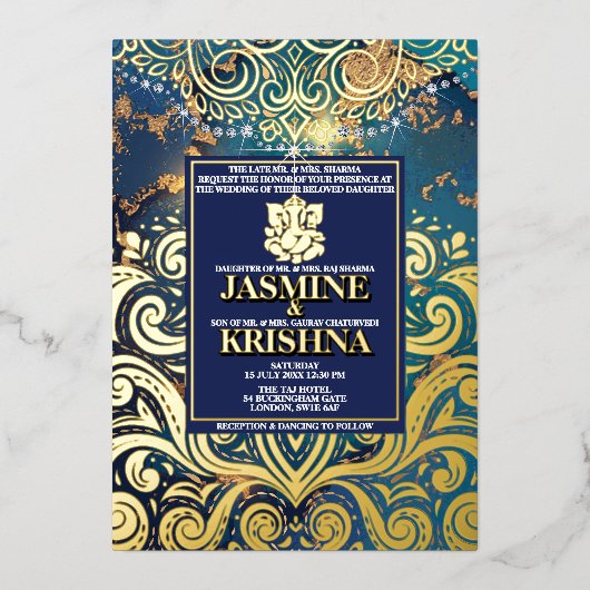 ラックスグリッターブルー金ゴールドヒンズーガネシャインディアン結婚ズ 箔招待状 (正面)
