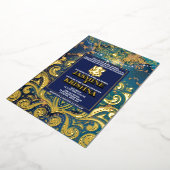 ラックスグリッターブルー金ゴールドヒンズーガネシャインディアン結婚ズ 箔招待状 (回転した状態)