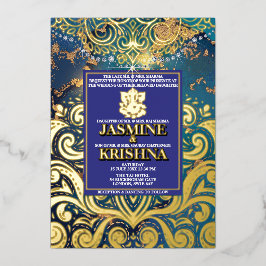 ラックスグリッターブルー金ゴールドヒンズーガネシャインディアン結婚ズ 箔招待状