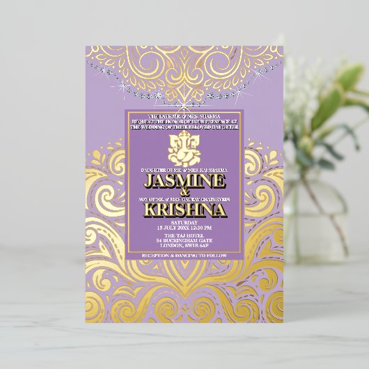 ラックスグリッターラベンダー金ゴールドガネーシャ結婚ヒンドゥー 箔招待状 (立ち正面)