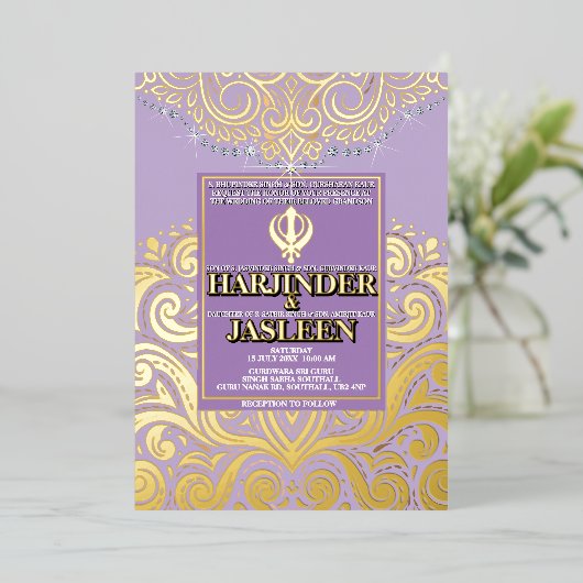 ラックスグリッターラベンダー金ゴールドシクアナンドカラジ結婚ズ 箔招待状 (立ち正面)