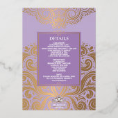 ラックスグリッターラベンダー金ゴールドシクアナンドカラジ結婚ズ 箔招待状 (裏面)