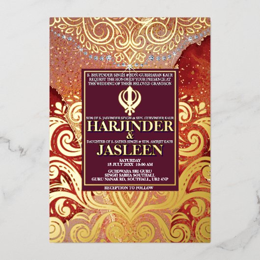ラックスグリッターレッドシクアナンドカラジインディアン結婚ズ 箔招待状 (正面)