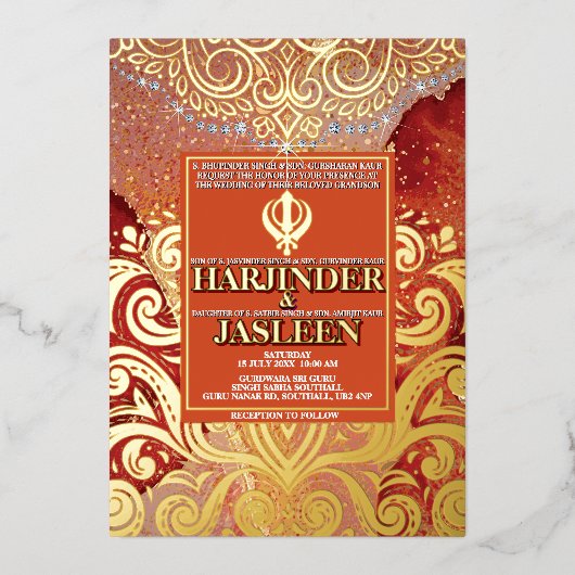 ラックスグリッターレッドシクアナンドカラジインディアン結婚ズ 箔招待状 (正面)
