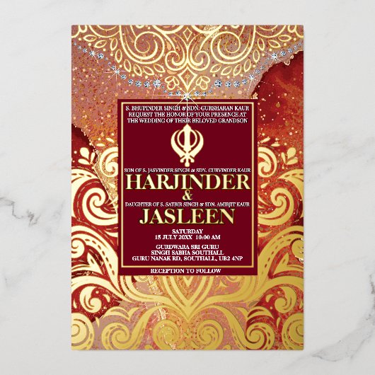 ラックスグリッターレッドシクアナンドカラジインディアン結婚ズ 箔招待状 (正面)