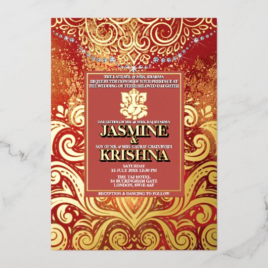 ラックスグリッターレッド金ゴールドヒンズーガネシャインディアン結婚ズ 箔招待状 (正面)