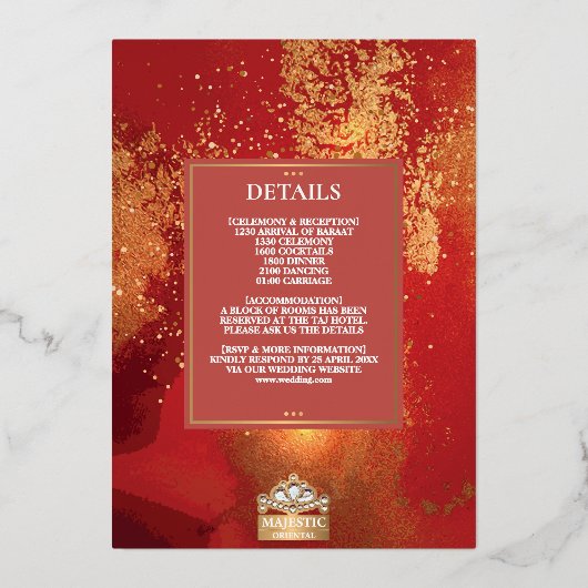 ラックスグリッターレッド金ゴールドヒンズーガネシャインディアン結婚ズ 箔招待状 (裏面)
