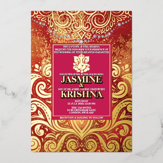 ラックスグリッターレッド金ゴールドヒンズーガネシャインディアン 箔招待状 (正面)