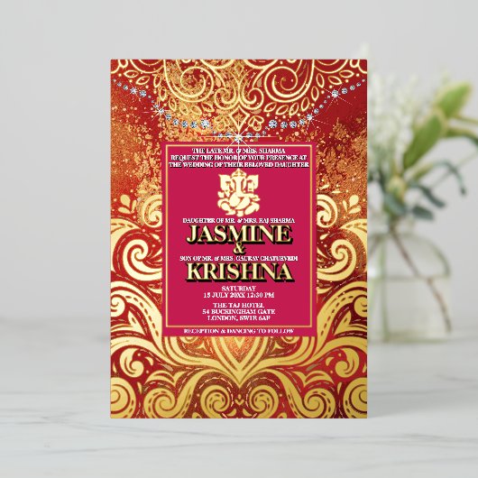 ラックスグリッターレッド金ゴールドヒンズーガネシャインディアン 箔招待状 (立ち正面)