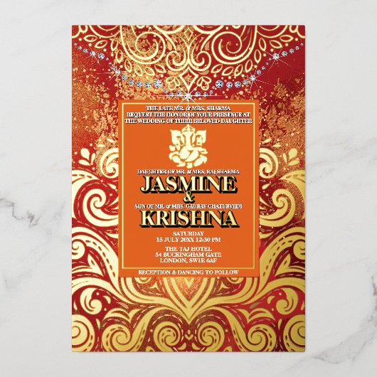 ラックスグリッターレッド金ゴールドヒンズーガネシャインディアン 箔招待状 (正面)