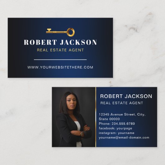 ラックスゴフェイクンデン鍵不動産仲介業者ラグジュアリーモダンネイビー 名刺 (正面/裏面)