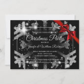ラックスシルバーグリッタークリスマスホリデーレッドリボンブラック 招待状 (正面)