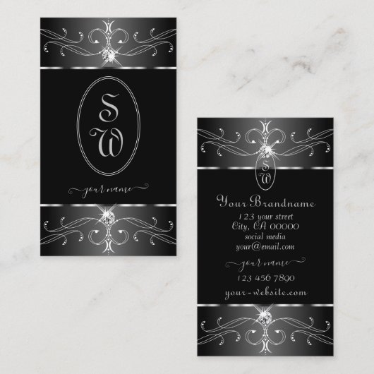 ラックスシルバー白黒華美オーナメントイニシャル 名刺 (正面/裏面)