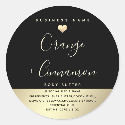 ラックスシンプルタイポグラフィブラック金ゴールドハート ラウンドシール (正面)