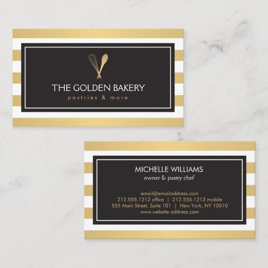 ラックスストライプの金ゴールドウィスクスプーンロゴベーカリー、シェフII 名刺 (正面/裏面)