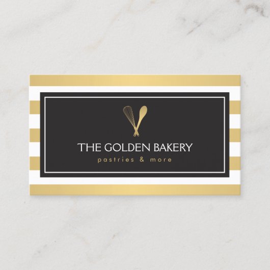 ラックスストライプの金ゴールドウィスクスプーンロゴベーカリー、シェフII 名刺 (正面)