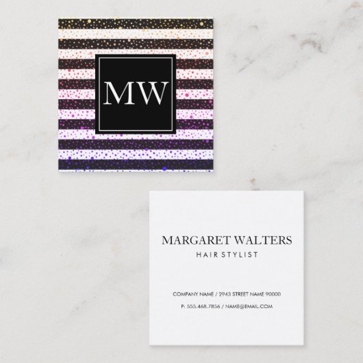 ラックススポッカラフルツモノグラム白黒ストライプ スクエア名刺 (正面/裏面)