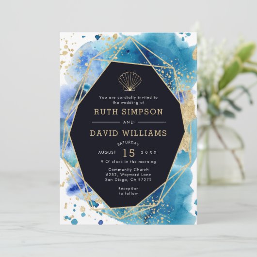 ラックスダークブルーと金ゴールド海結婚式招待状 招待状 (スタンド正面)