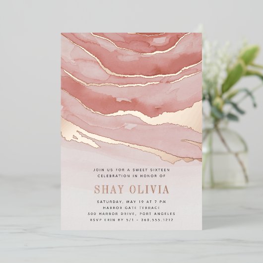 ラックスピンクマーブルSweet sixteen誕生日 箔招待状 (立ち正面)