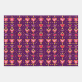 ラックスピンクレッド金ゴールドハート紫ギフトラップセット ラッピングペーパーシート