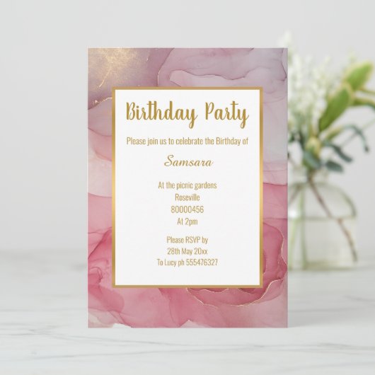ラックスピンク赤面大理石バラ誕生日招待状 招待状 (スタンド正面)