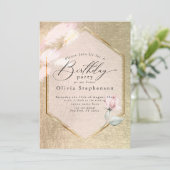 ラックスピンク金ゴールドフローラ誕生日招待状 招待状 (スタンド正面)