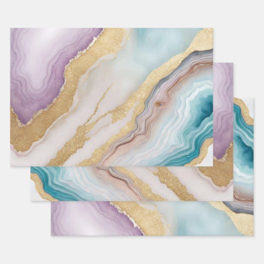 ラックスフェイク金ゴールドグリッター、ターコイズ&ホワイトマーブル ラッピングペーパーシート (セット)