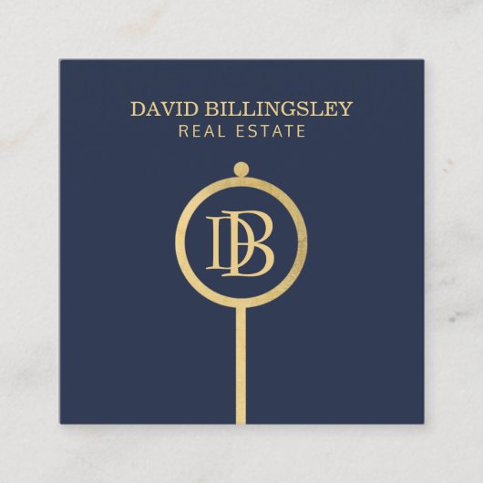 ラックスフェイク金ゴールドスケルトン鍵モノグラム不動産仲介業者ブルー スクエア名刺 (正面)