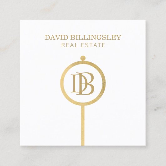 ラックスフェイク金ゴールドスケルトン鍵モノグラム不動産仲介業者ホワイト スクエア名刺 (正面)