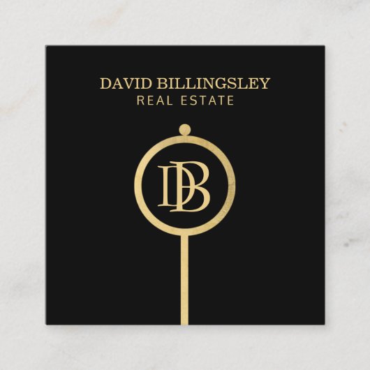 ラックスフェイク金ゴールドスケルトン鍵モノグラム不動産仲介業者 スクエア名刺 (正面)