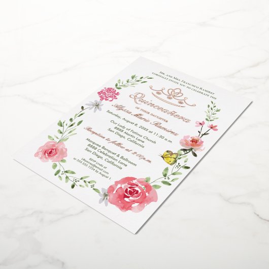 ラックスフローラピンク蝶ティアラキンセアニラ 箔招待状 (回転した状態)