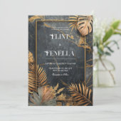 ラックスブラックマーブル&金ゴールドトロピカル結婚VIP 招待状 (スタンド正面)