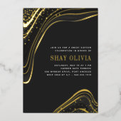 ラックスブラック&金ゴールドリキッドマーブルSweet sixteen 箔招待状 (正面)
