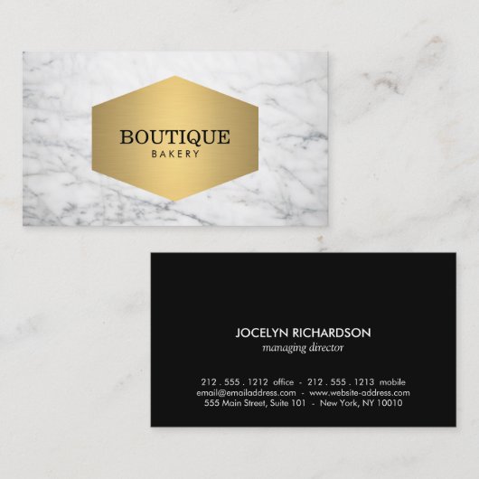 ラックスベーカリー金ゴールドエンブレムオンホワイトマーブル 名刺 (正面/裏面)