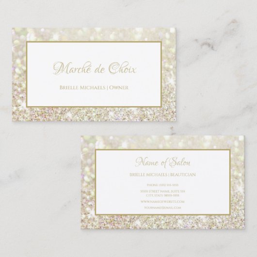 ラックスホワイト金ゴールドグリッターエレガント美しいブティック 名刺 (正面/裏面)
