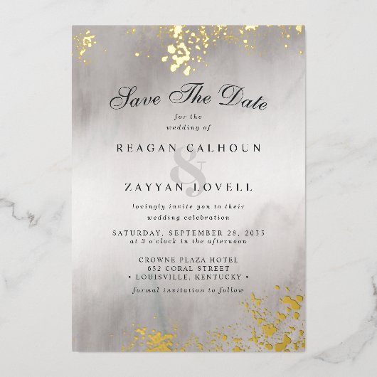 ラックスモダン金ゴールドフレイクグレーミスト日付を保存 箔招待状 (正面)