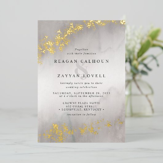 ラックスモダン金ゴールドフレックスグレーウォーター結婚カラー 箔招待状 (立ち正面)