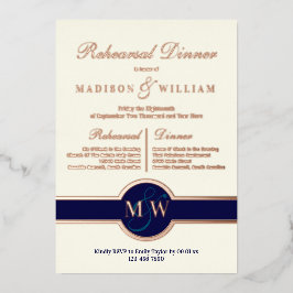 ラックスモノグラムリハーサルディナーネイビーバラ金ゴールド 箔招待状