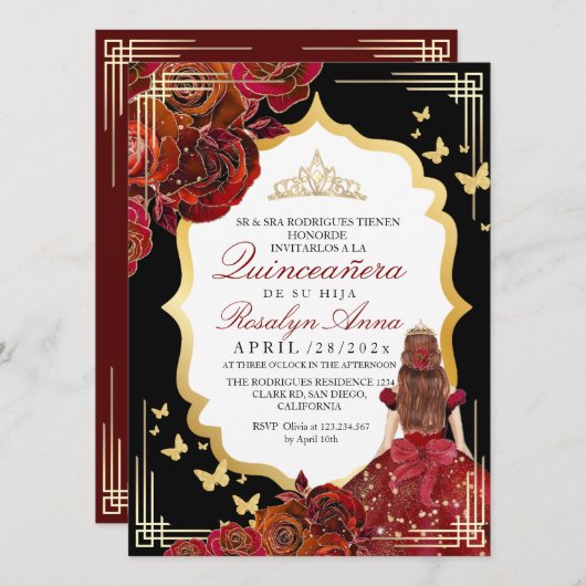 ラックスレッド金ゴールドバラプリンセスキンセアニラ 招待状 (正面/裏面)