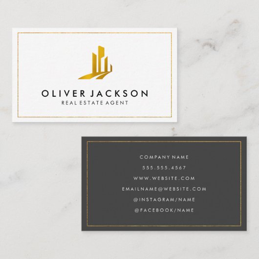 ラックス実在金ゴールドエステートホワイトグレービジネスカード 名刺 (正面/裏面)