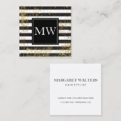 ラックス金ゴールドグランジモノグラム白黒ストライプズ スクエア名刺 (正面/裏面)