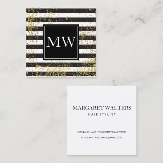 ラックス金ゴールドグランジモノグラム白黒ストライプズ スクエア名刺 (正面/裏面)
