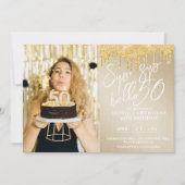 ラックス金ゴールドグリッター50thフォト誕生日インビタット 招待状 (正面)