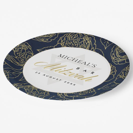 ラックス金ゴールドネイビーブルーバラフローラバーバルミツワー ペーパープレート (アングル)