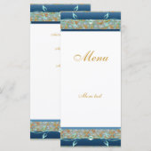 ラックメニューカードヴィンテージ金ゴールドティール（緑がかった色）青フローラ メニュー (正面/裏面)