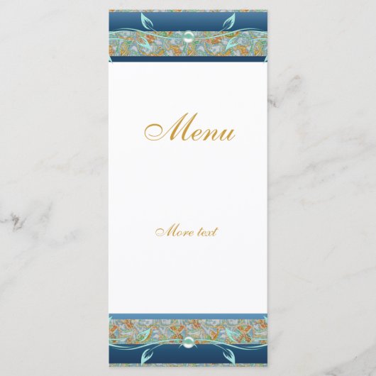 ラックメニューカードヴィンテージ金ゴールドティール（緑がかった色）青フローラ メニュー (正面)