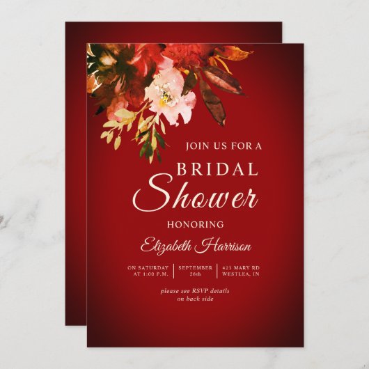 ラッシェットレッドオータムフローラブライダルシャワー 招待状 (正面/裏面)