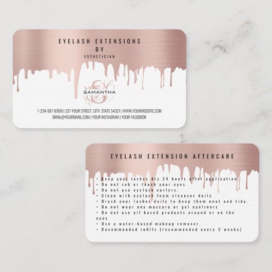 ラッシュアフターケアの指示バラピンク金ゴールドドリップ 名刺 (正面/裏面)