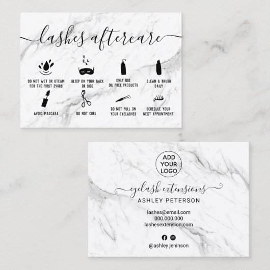 ラッシュアフターケアイラストシックな白大理石 名刺 (正面/裏面)