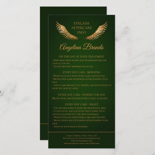 ラッシュアフターケア情報金ゴールドグリッターウィングスグリーン サンキューカード (正面/裏面)